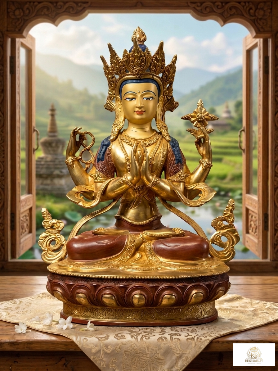 Handcrafted Four-Armed Chenrezig / Avalokiteshvara Statue - The Bodhisattva of Compassion